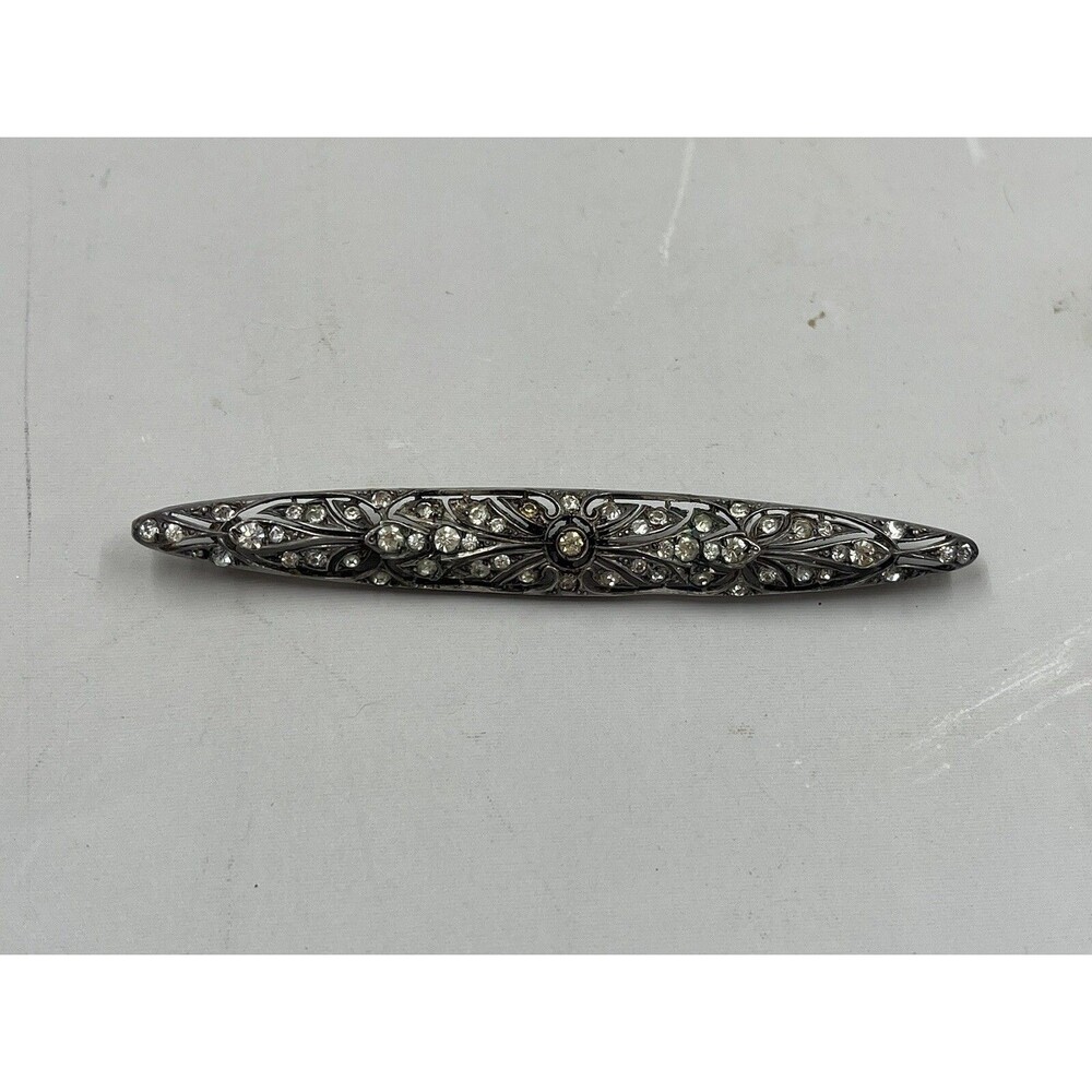 Victorian Art Nouveau 925 Sterling Silver Bar Pin Clear Stone Rhinestone Antique